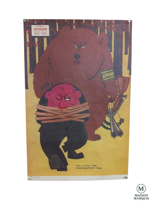 Vintage Soviet Anti-Poaching Poster with Bear and Poacher – 1960s/70s