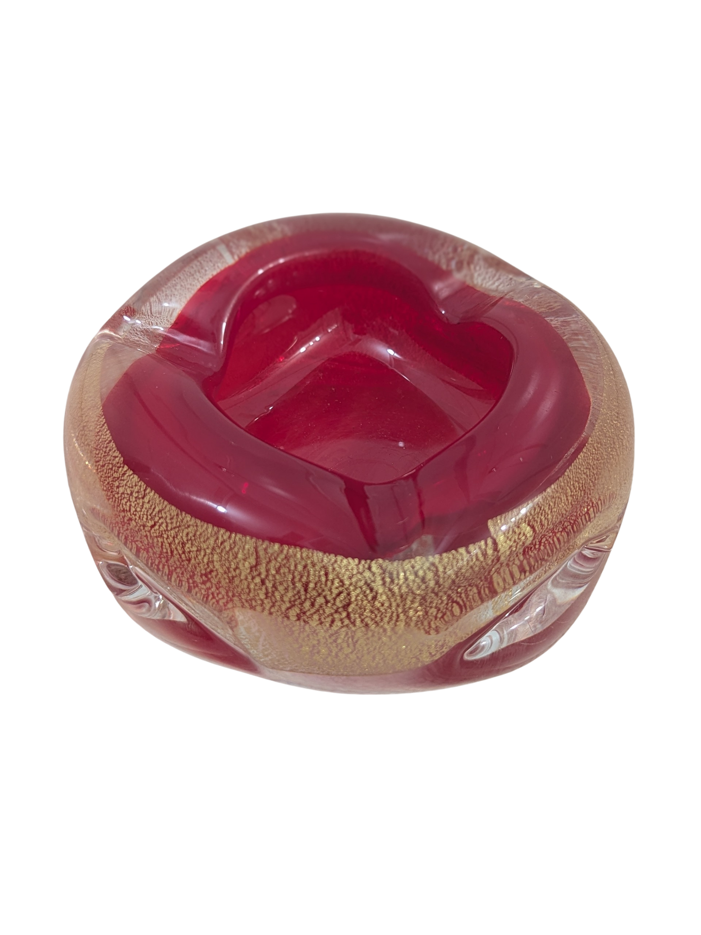 Vintage Murano-Style Glass Ashtray – Ruby Red & Gold Speckle