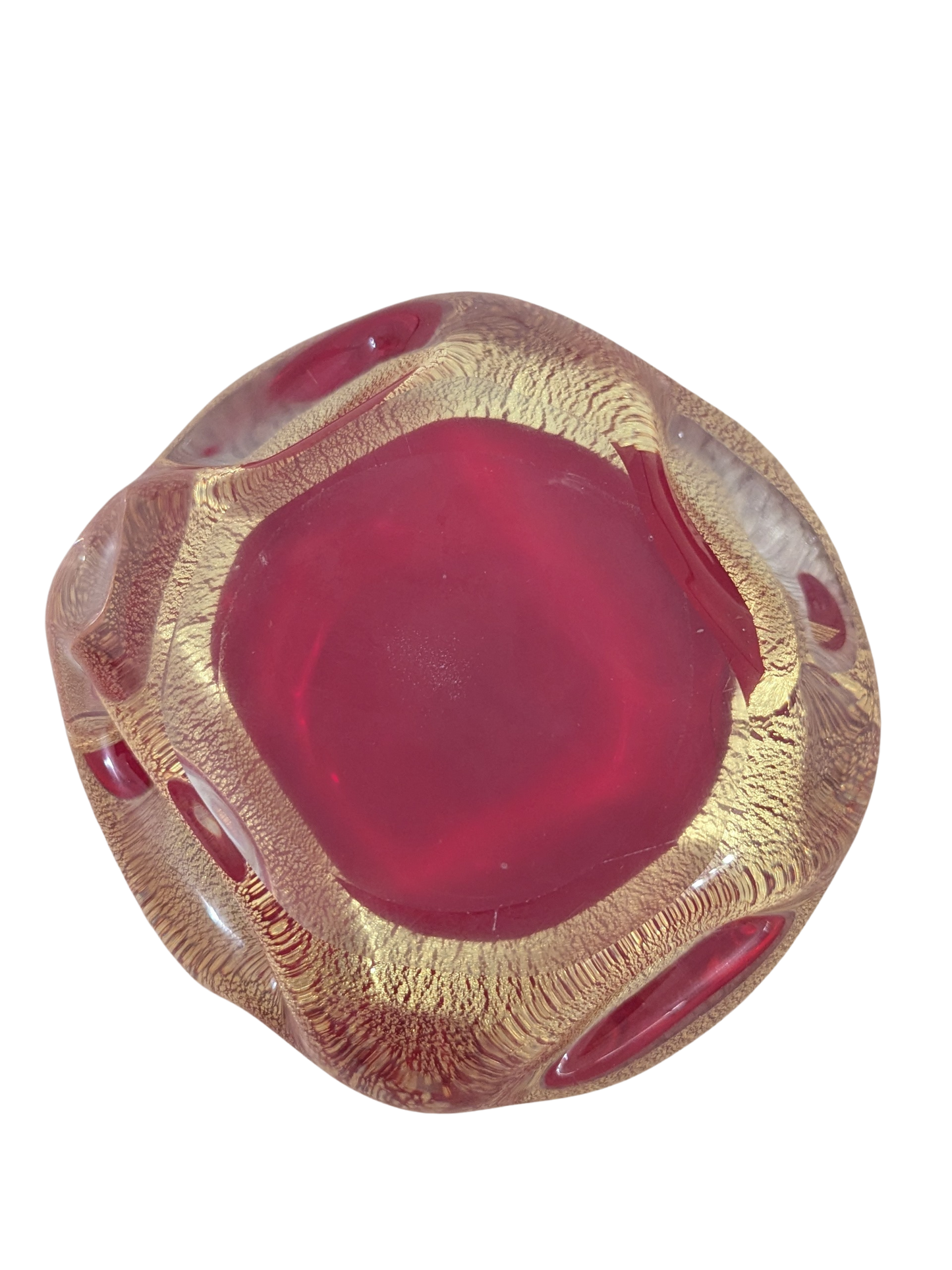 Vintage Murano-Style Glass Ashtray – Ruby Red & Gold Speckle