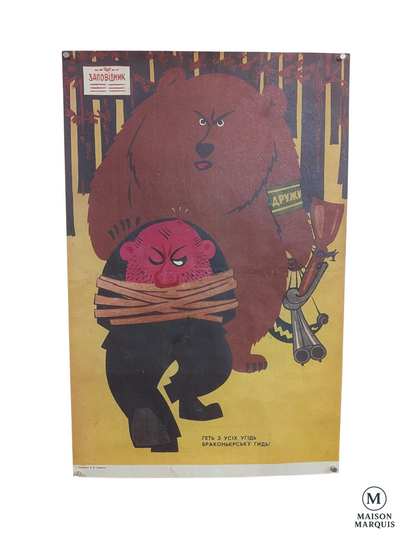 Vintage Soviet Anti-Poaching Poster with Bear and Poacher – 1960s/70s
