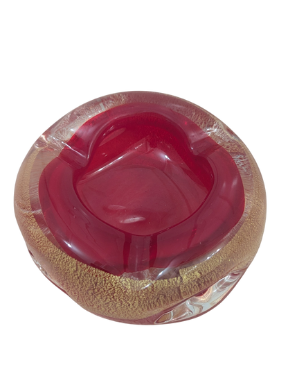 Vintage Murano-Style Glass Ashtray – Ruby Red & Gold Speckle